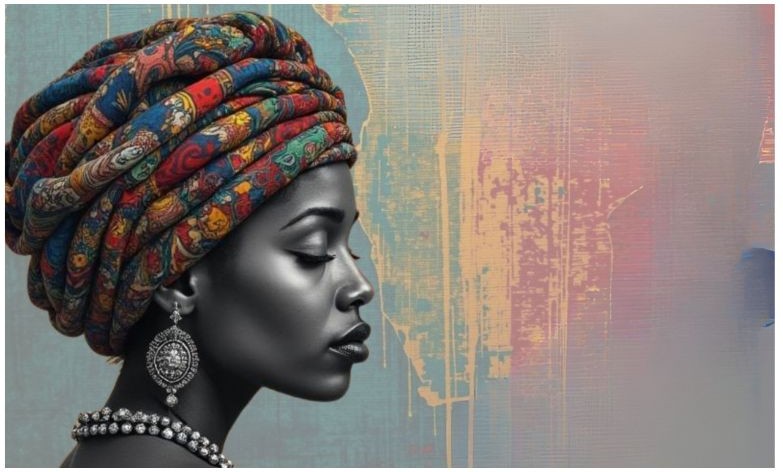 A woman in profile wearing a patterned headwrap.