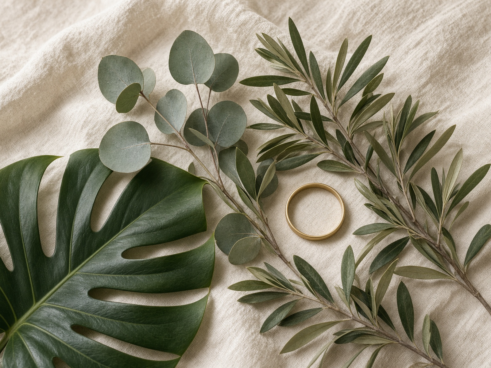 Olive and eucalyptus leaves on cream linen.