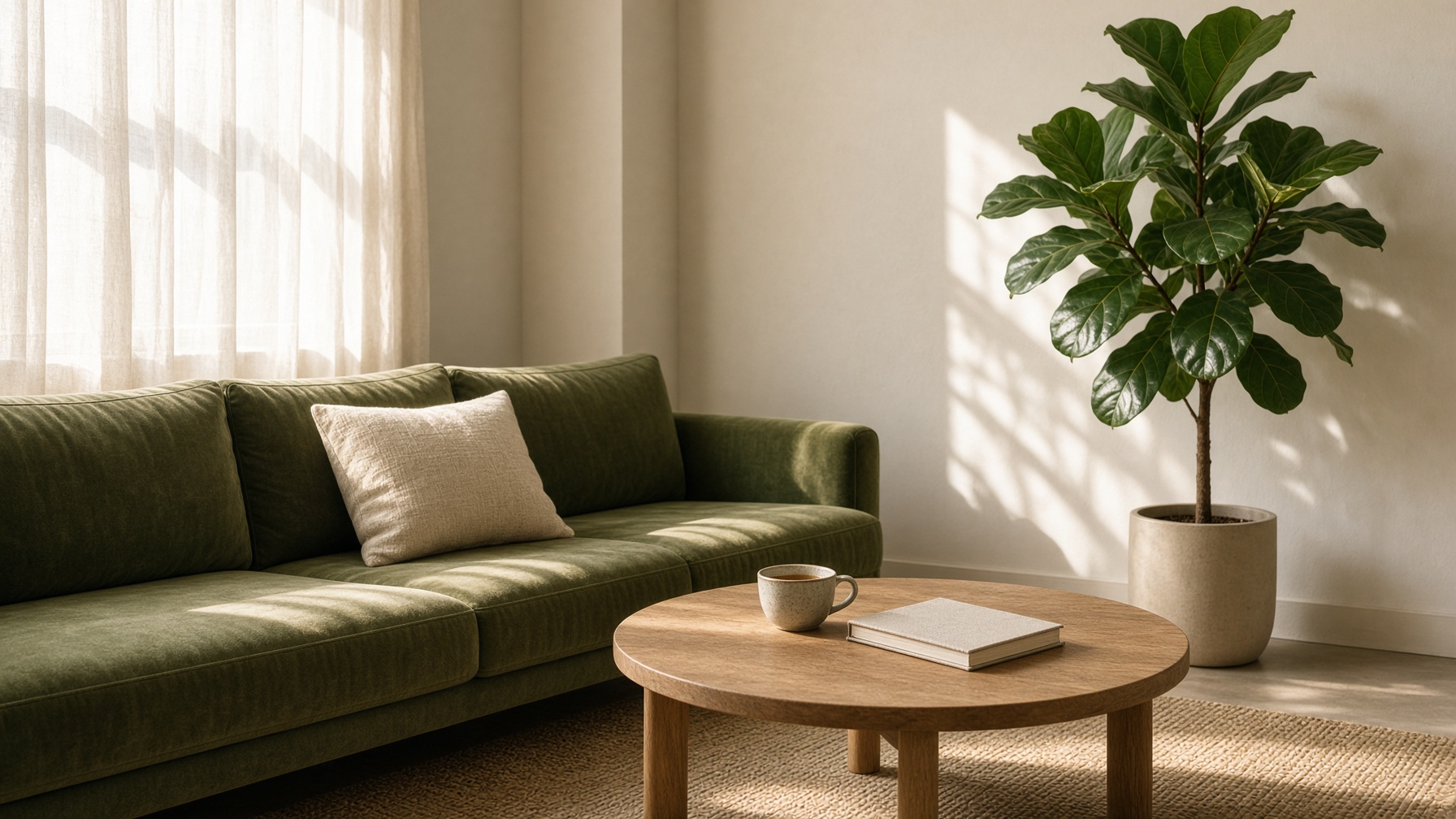 Counseling room with olive seating and warm light.